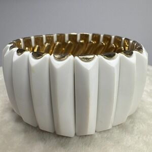 VTG Wide Gold Tone White Thermoset Acrylic Faceted Expansion Bracelet